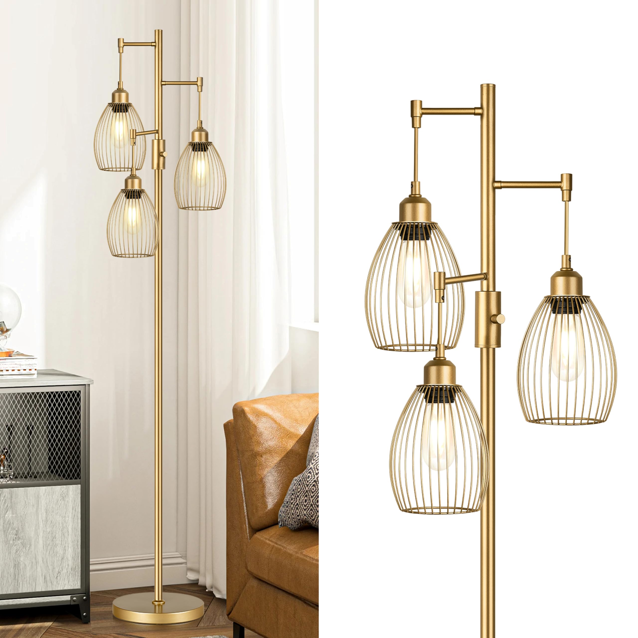 Dimmable Industrial Floor Lamps for Living Room, Gold Tree